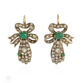 1820s emerald, gold, and diamond hand-shaped earrings