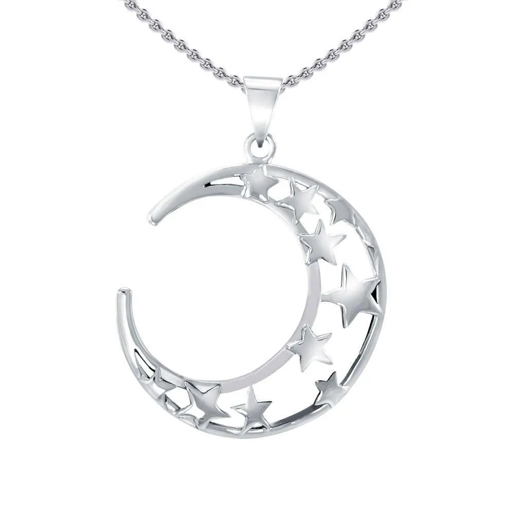 A Glimpse of the Crescent Moon and Stars Silver Pendant TPD5391