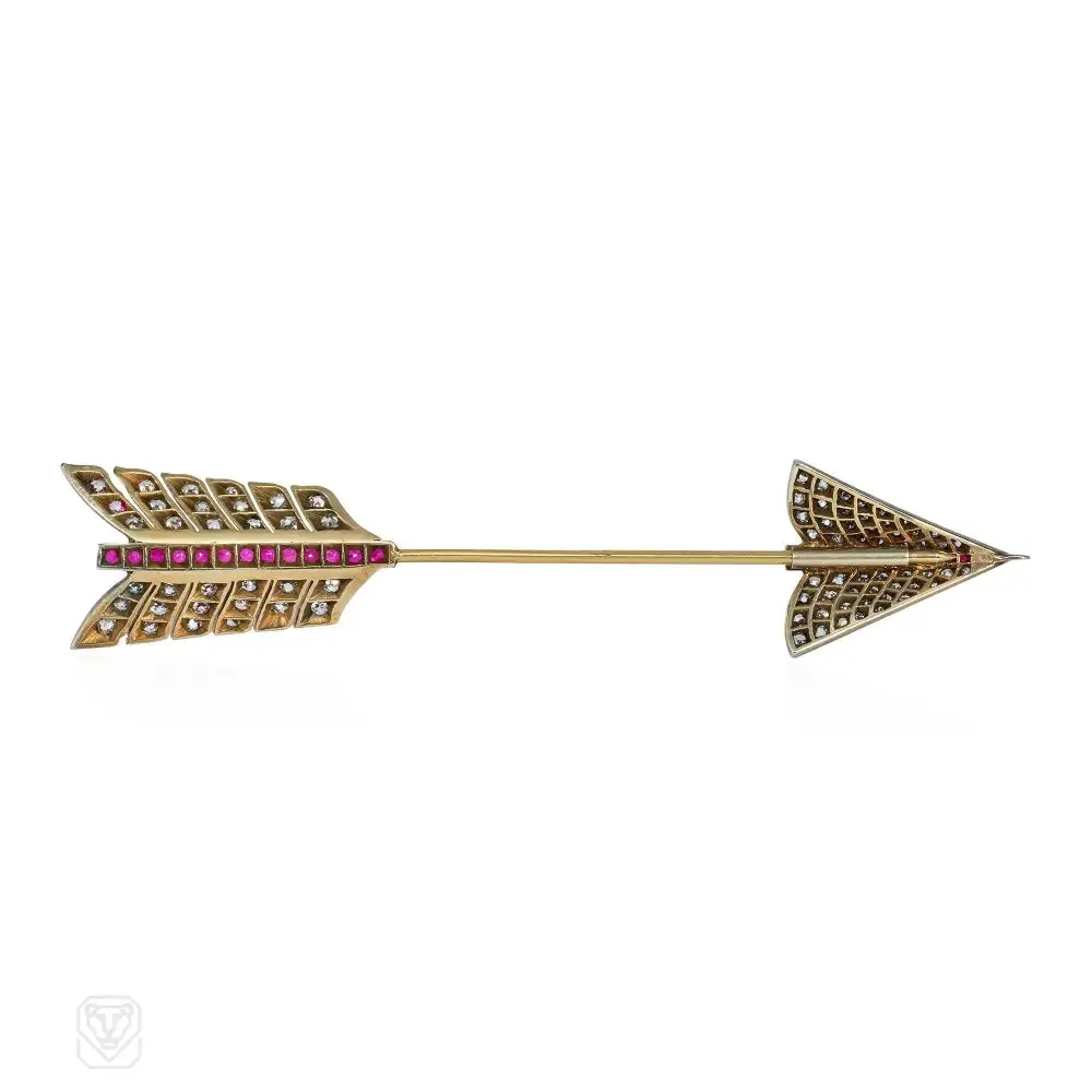 Antique diamond and ruby arrow jabot brooch