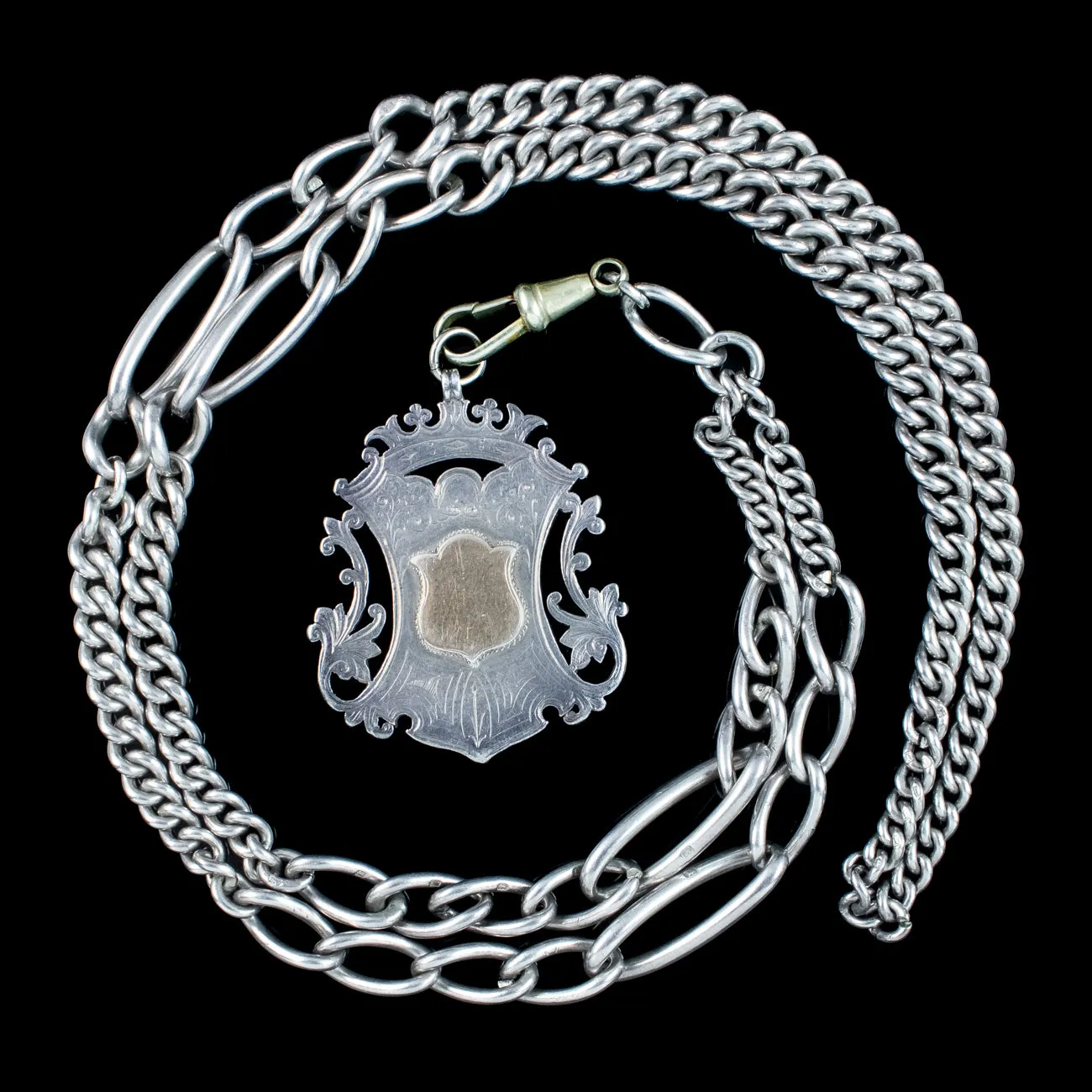 Antique Edwardian Albert Guard Chain Sterling Silver With Medallion