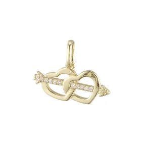 Arrow crossing double hearts pendant plated in 14K Gold