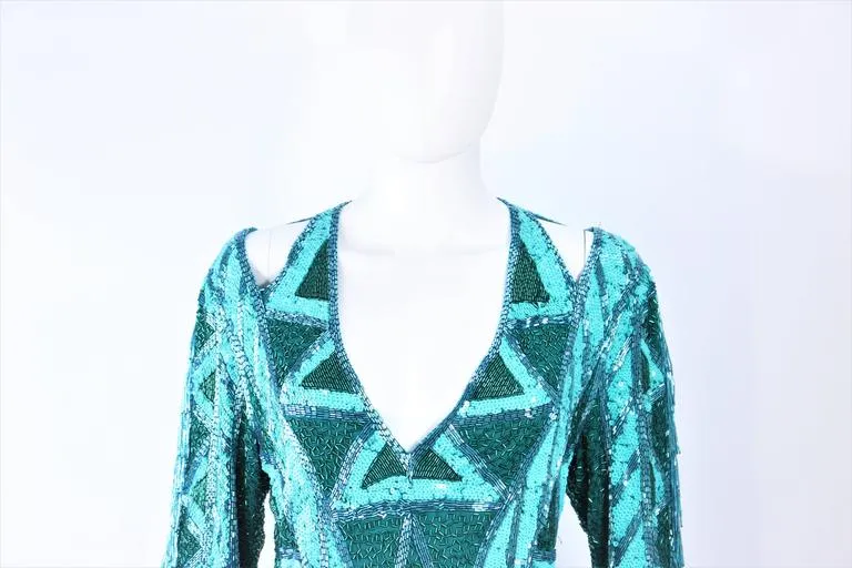 BOB MACKIE Circa 1980s Turquoise Beaded Gown