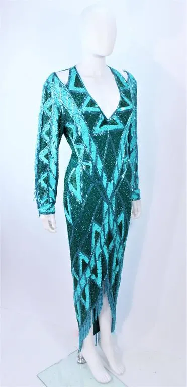 BOB MACKIE Circa 1980s Turquoise Beaded Gown