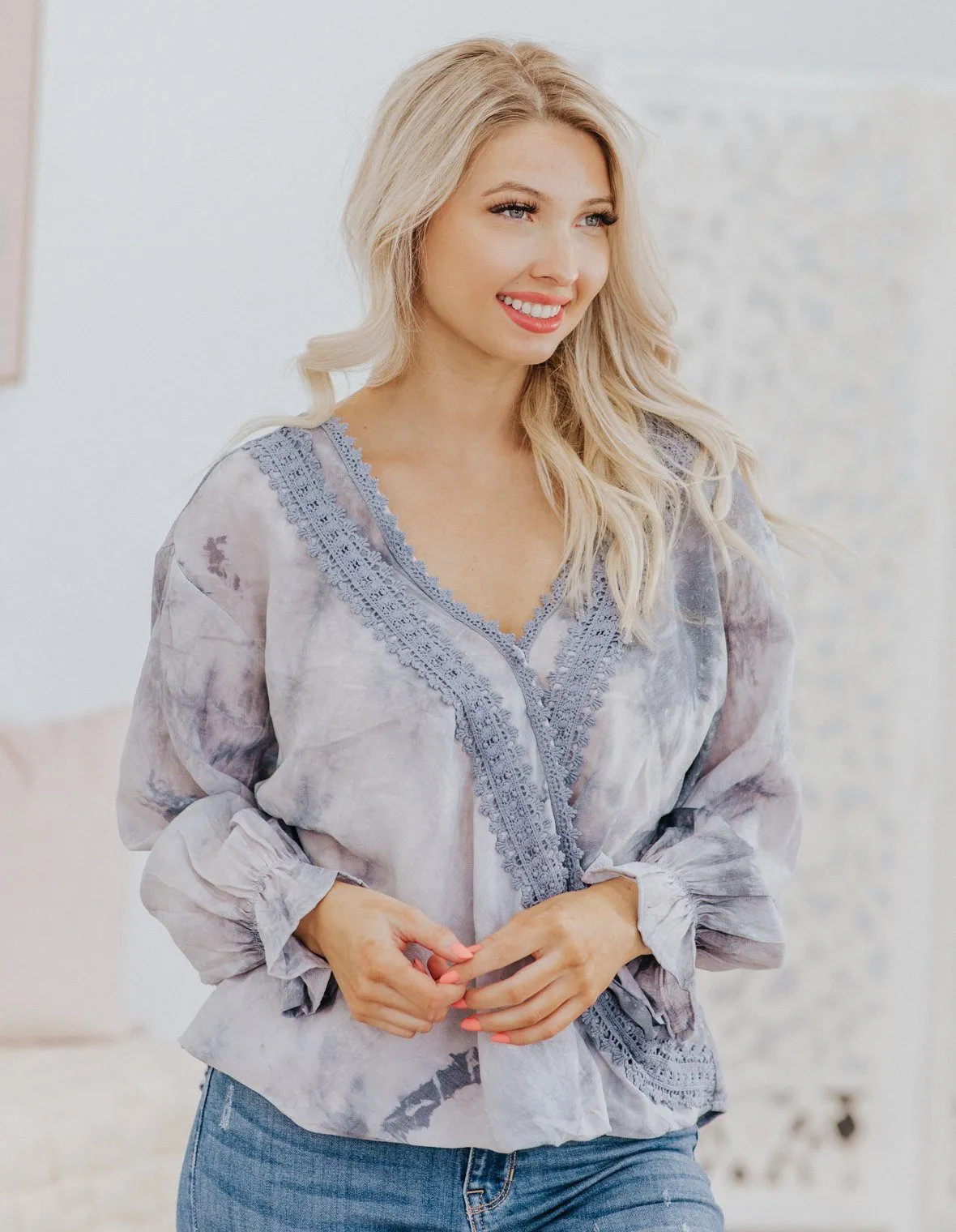 Find Our Direction Tie Dye Crochet Detail Long Sleeve Top in Slate Blue