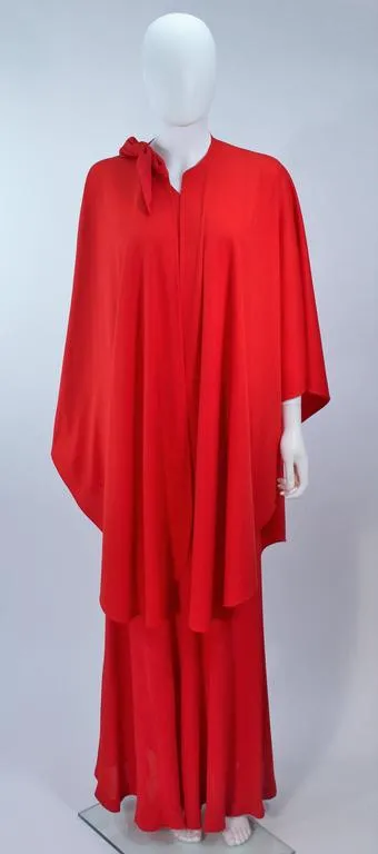 HALSTON Red Chiffon Gown with Jersey Cape Size 6-8