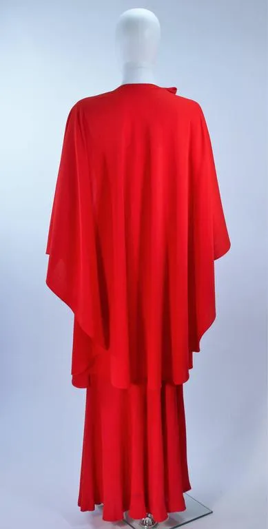 HALSTON Red Chiffon Gown with Jersey Cape Size 6-8