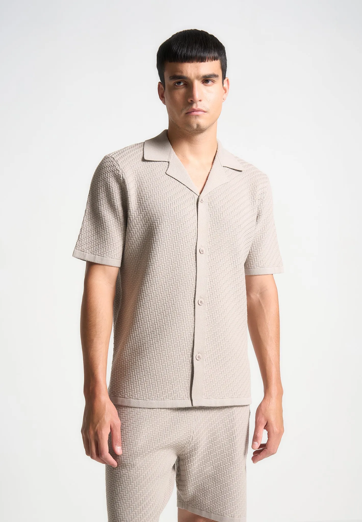 Herringbone Knit Revere Shirt - Taupe