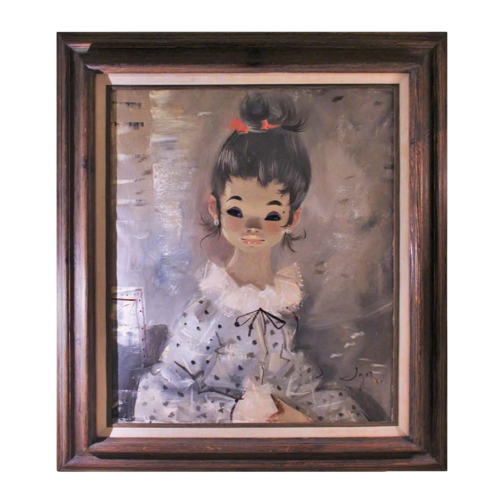 IGOR PANTUHOFF 1970s Original Girl with Grey Hair and Red Bow Painting