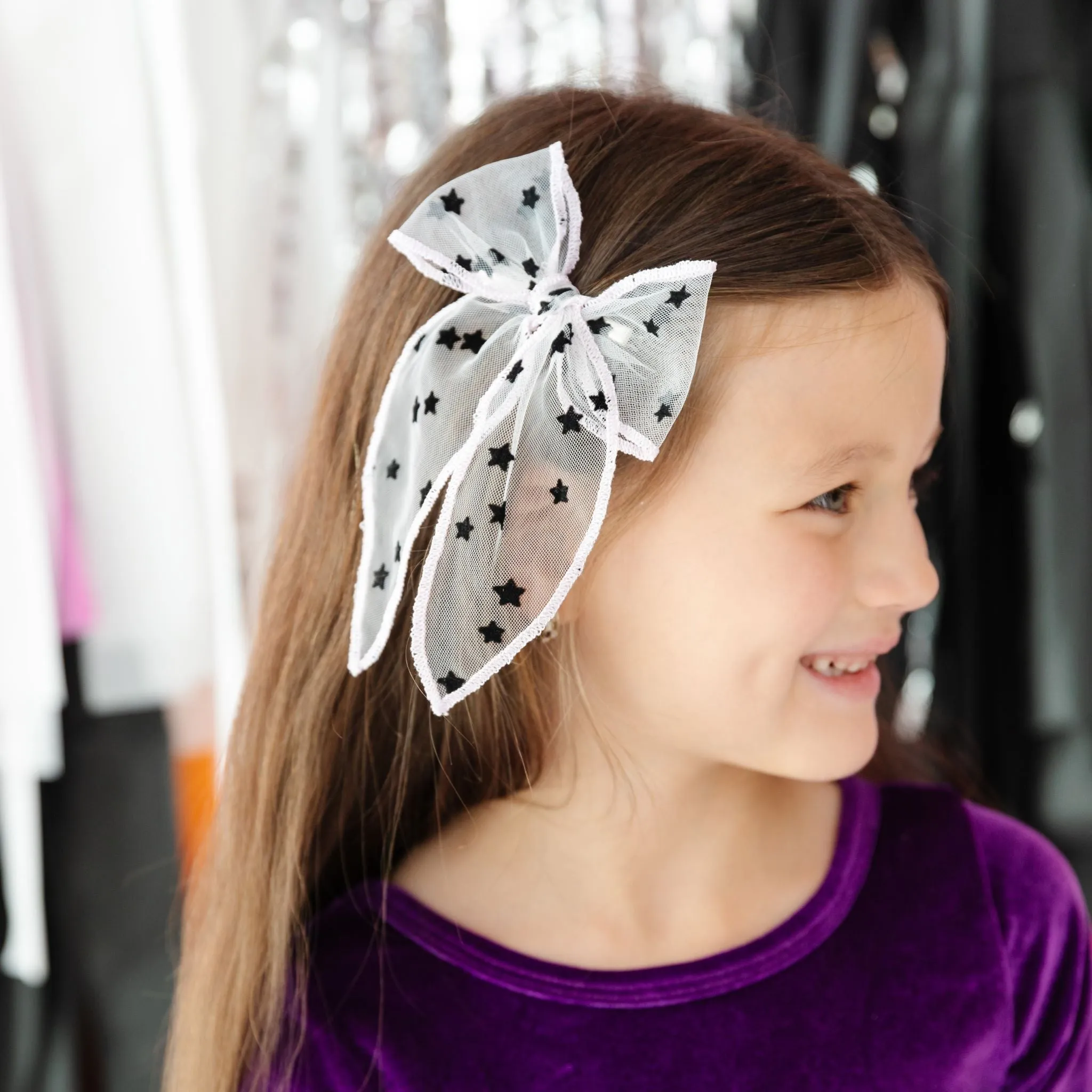 Party Girl Bow - Sheer Stars, Wisteria Trim