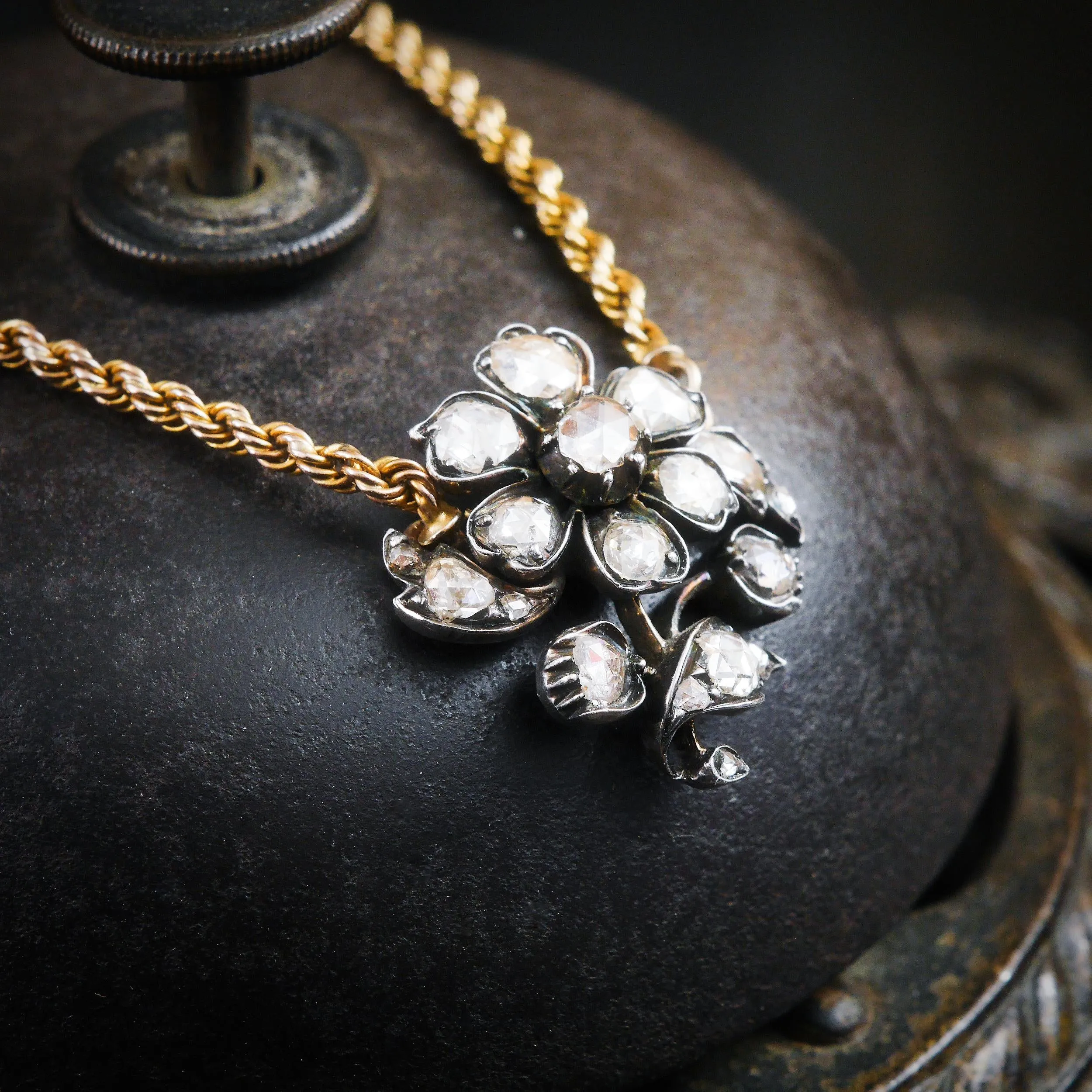 Precious Antique Georgian Floral Rose Cut Diamond Necklace